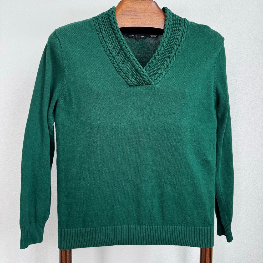 Jeanne Pierre Green Shawl Collar Sweater Size M 100% Cotton Cable Trim Pullover